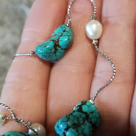 VINTAGE FAUX TURQUOISE NUGGET IVORY PEARL SILVER-TONE 34" NECKLACE - Picture 4 of 9